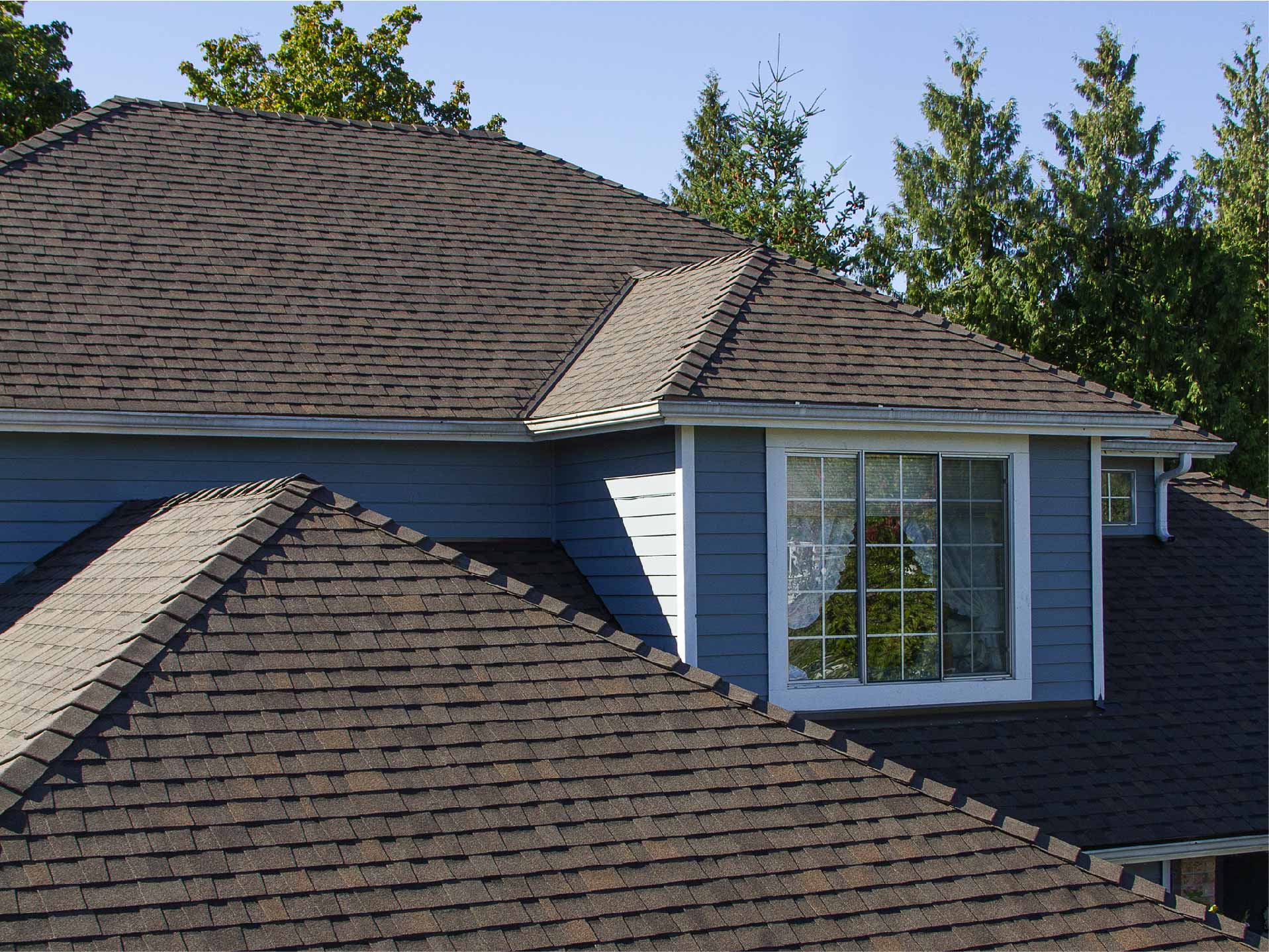 Rooftop image of a blue house with PABCO Premier Oakwood asphalt shingles on the roof.